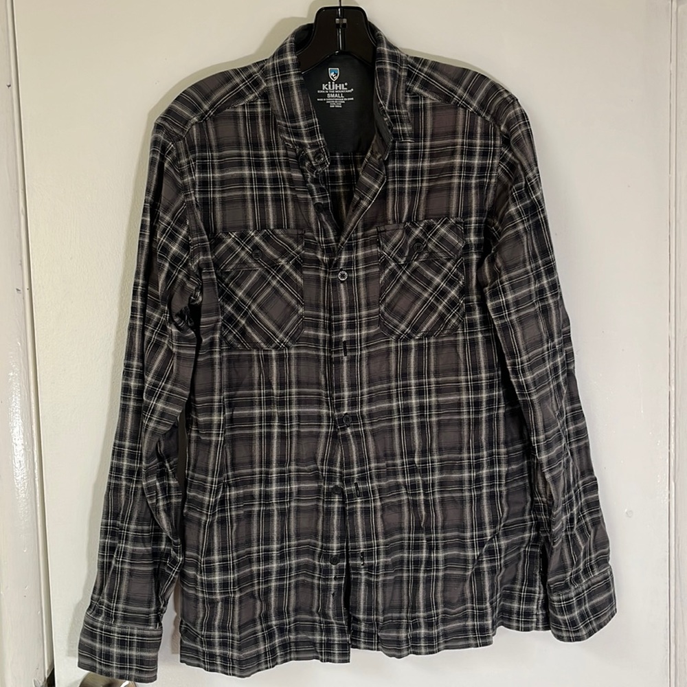 Kuhl men’s small gray plaid dillingr flannel shirt long sleeve button up